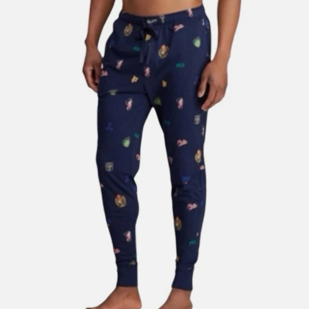 POLO RALPH LAUREN Logos All-Over Pajama Pants Large P-Wing Stadium Crest Cookie